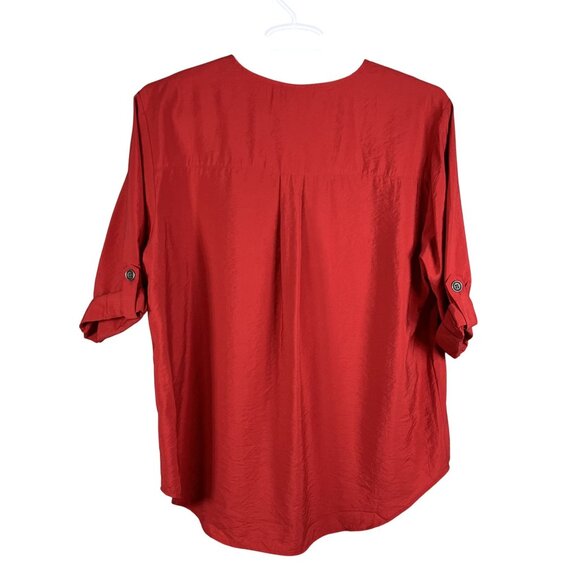 Beverly Drive NWT Womens 2X Holiday Red Silky Blouse 3/4 Tab Sleeve Pockets - Picture 5 of 14